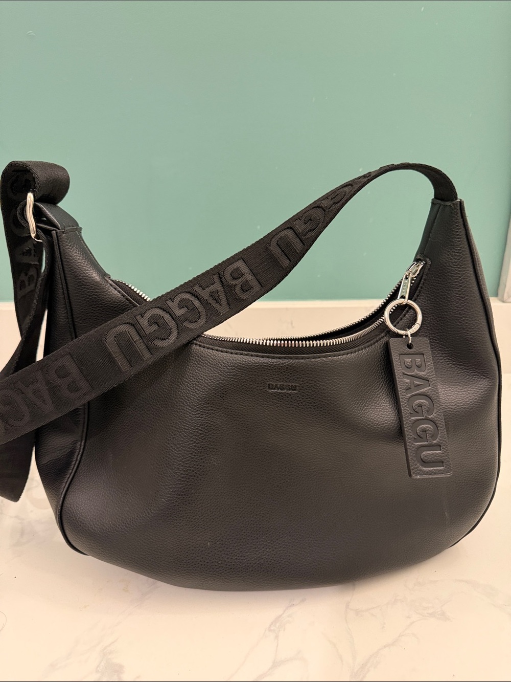 BAGGU Medium Recycled Leather Crescent Bag Black